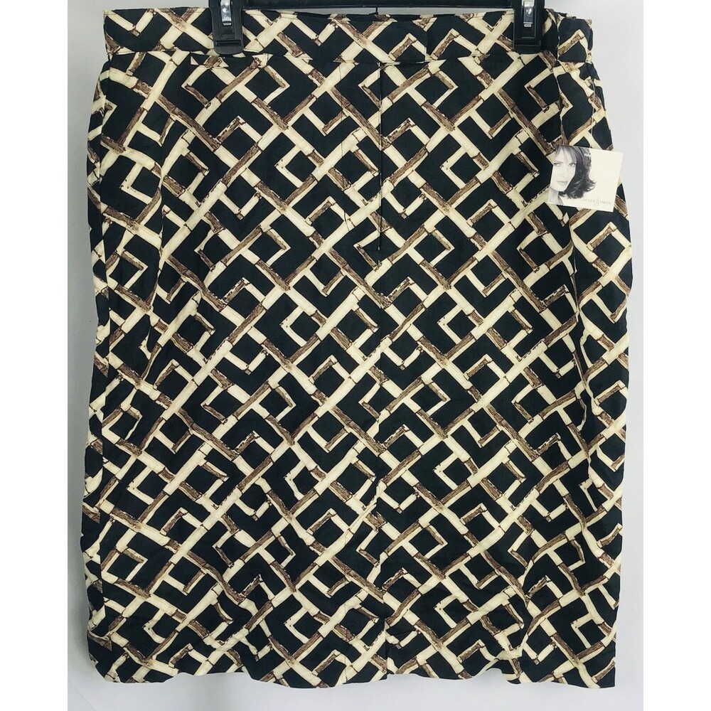 Vintage Linen Straight Skirt XL Blk/Tan Geometric Knee Length 90's Retro Grunge